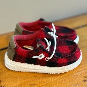 Hey Dude Red and Black Buffalo Plaid Toddler Shoes